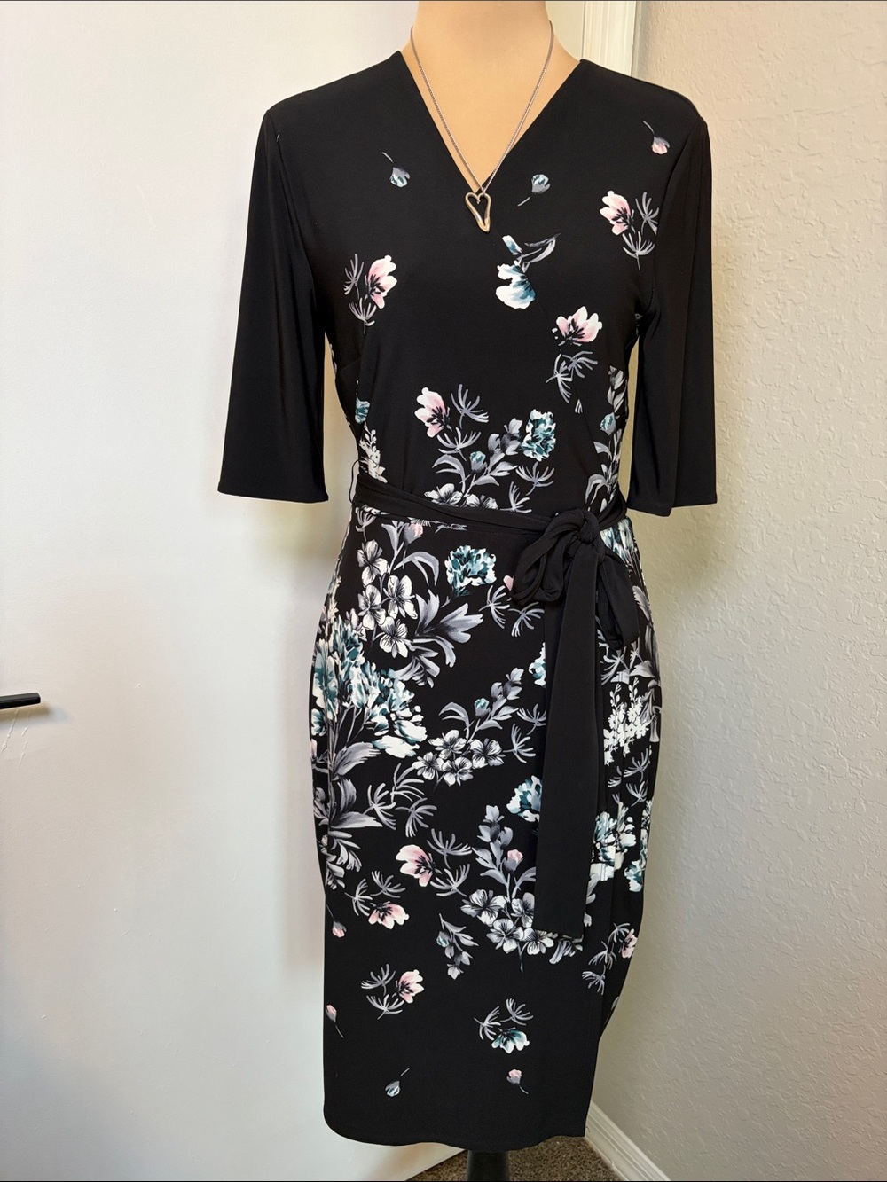 White House Black Market Black Floral Midi Wrap Dress with Pink & Blue Accents 6